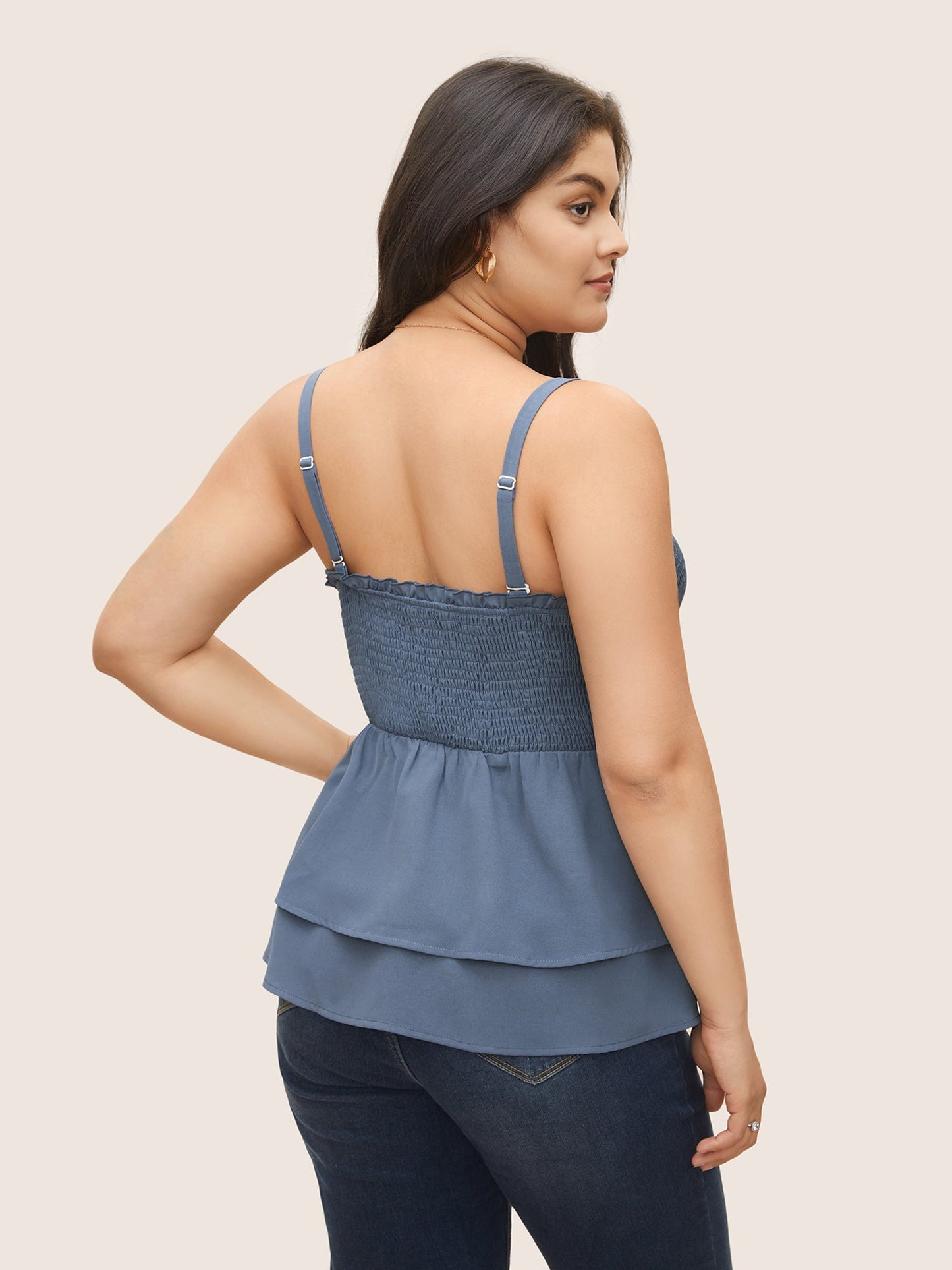 Solid Shirred Ruffle Layered Hem Cami Top