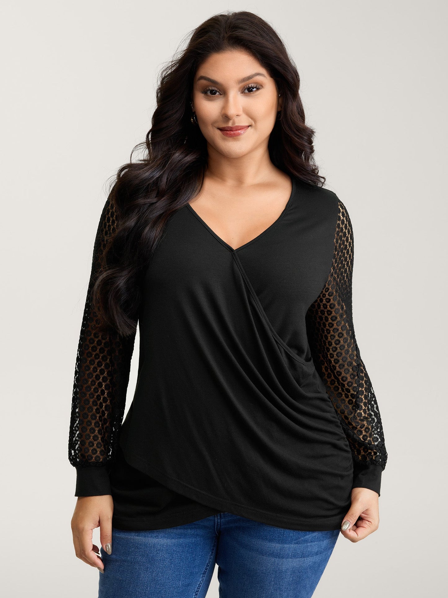 Crossover Draped Lace Sheer Sleeve Knit Top