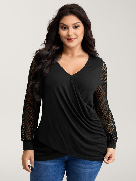 Crossover Draped Lace Sheer Sleeve Knit Top