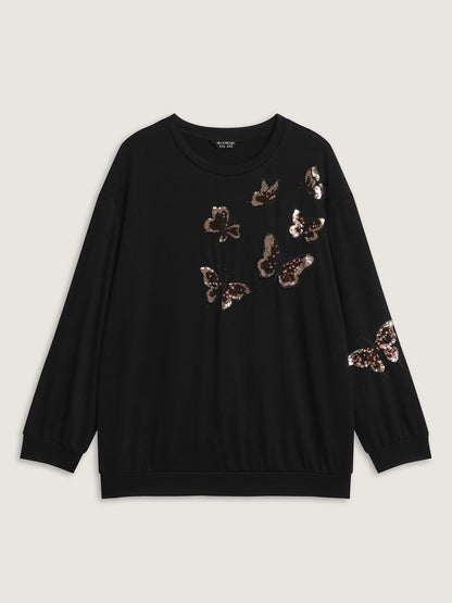 Butterfly Sequin Embroidery Relaxed-Fit Sweatshirt