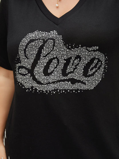 Love Rhinestone V Neck T-shirt