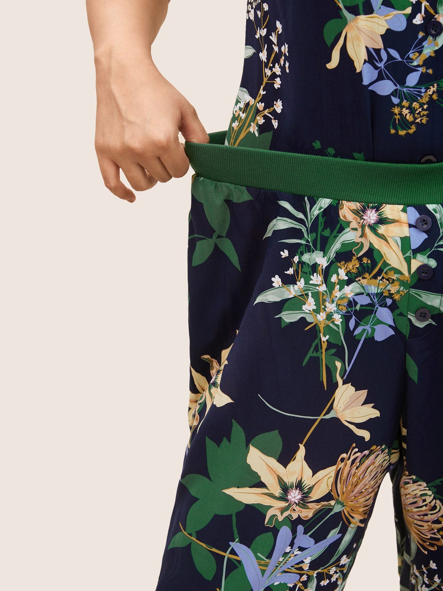 Natural Flowers Contrast Pocket Rib Knit Sleep Bottoms