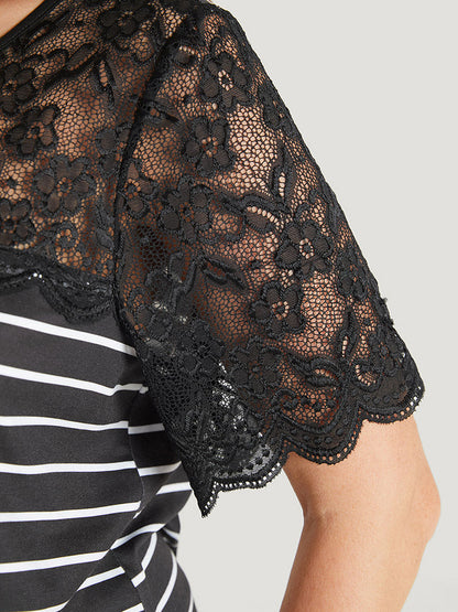 Striped Patchwork Lace Scalloped Trim T-shirt
