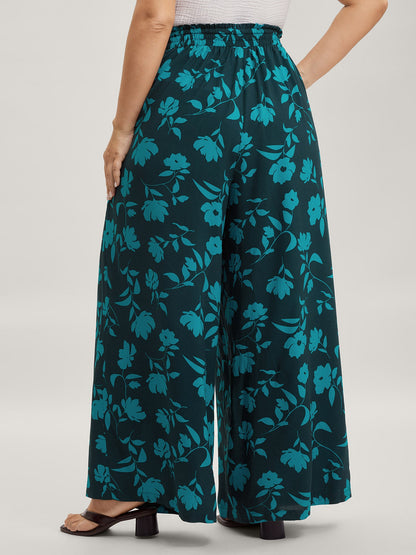 Silhouette Floral Print Drawstring Wide-Leg Pants