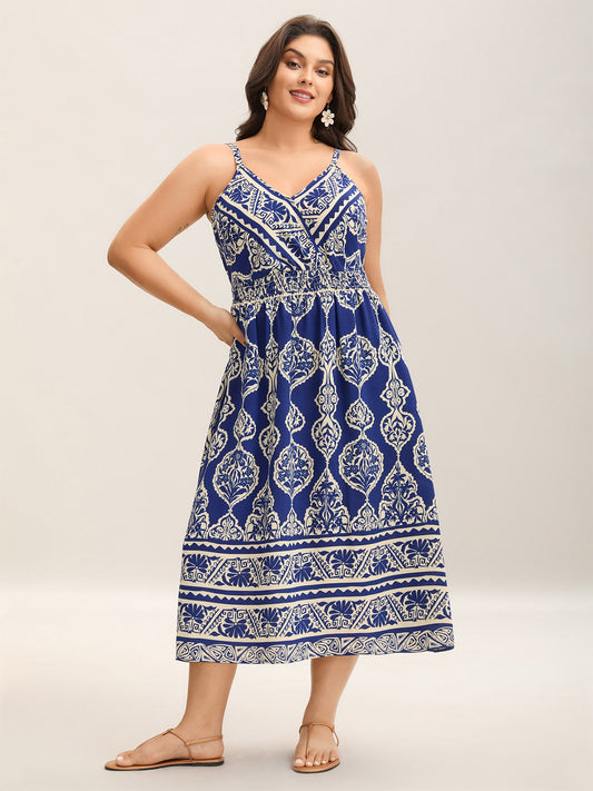 Boho Print Shirred Pockets Midi Dress