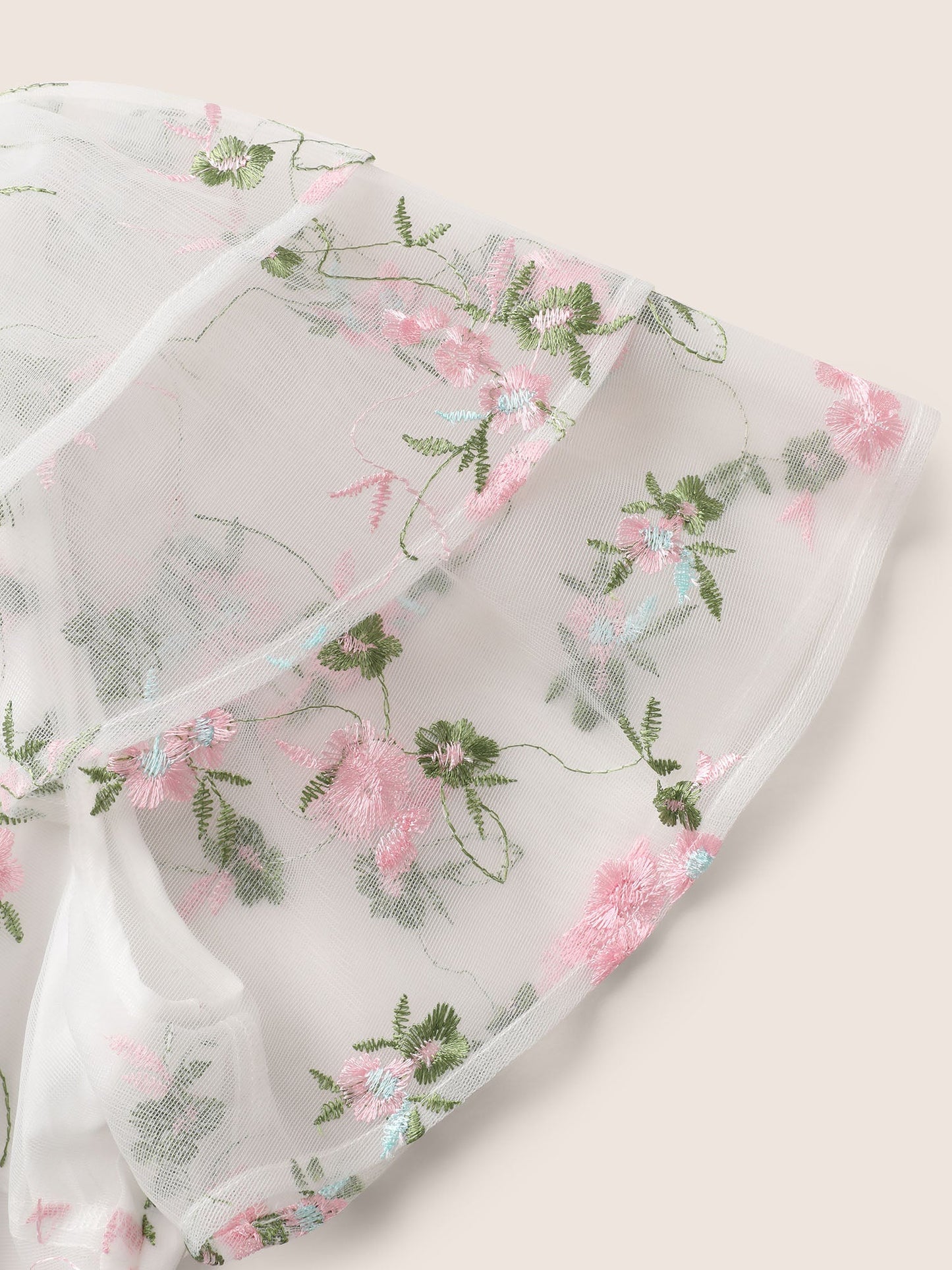 Overlap Collar Mesh Floral Embroidered Tiered Ruffles Dress