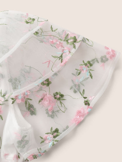 Overlap Collar Mesh Floral Embroidered Tiered Ruffles Dress