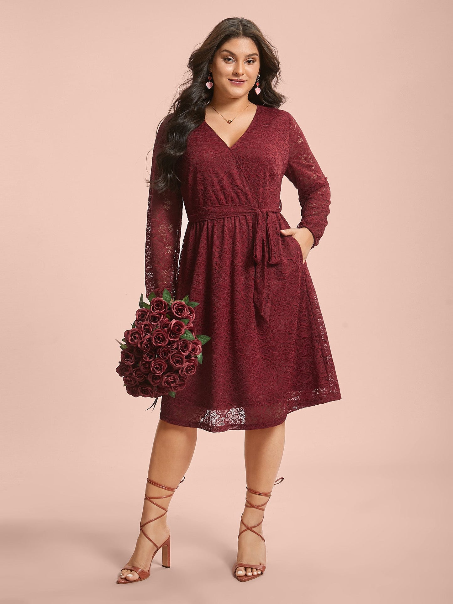 Crochet Lace Mesh Surplice Neck Belted Dress