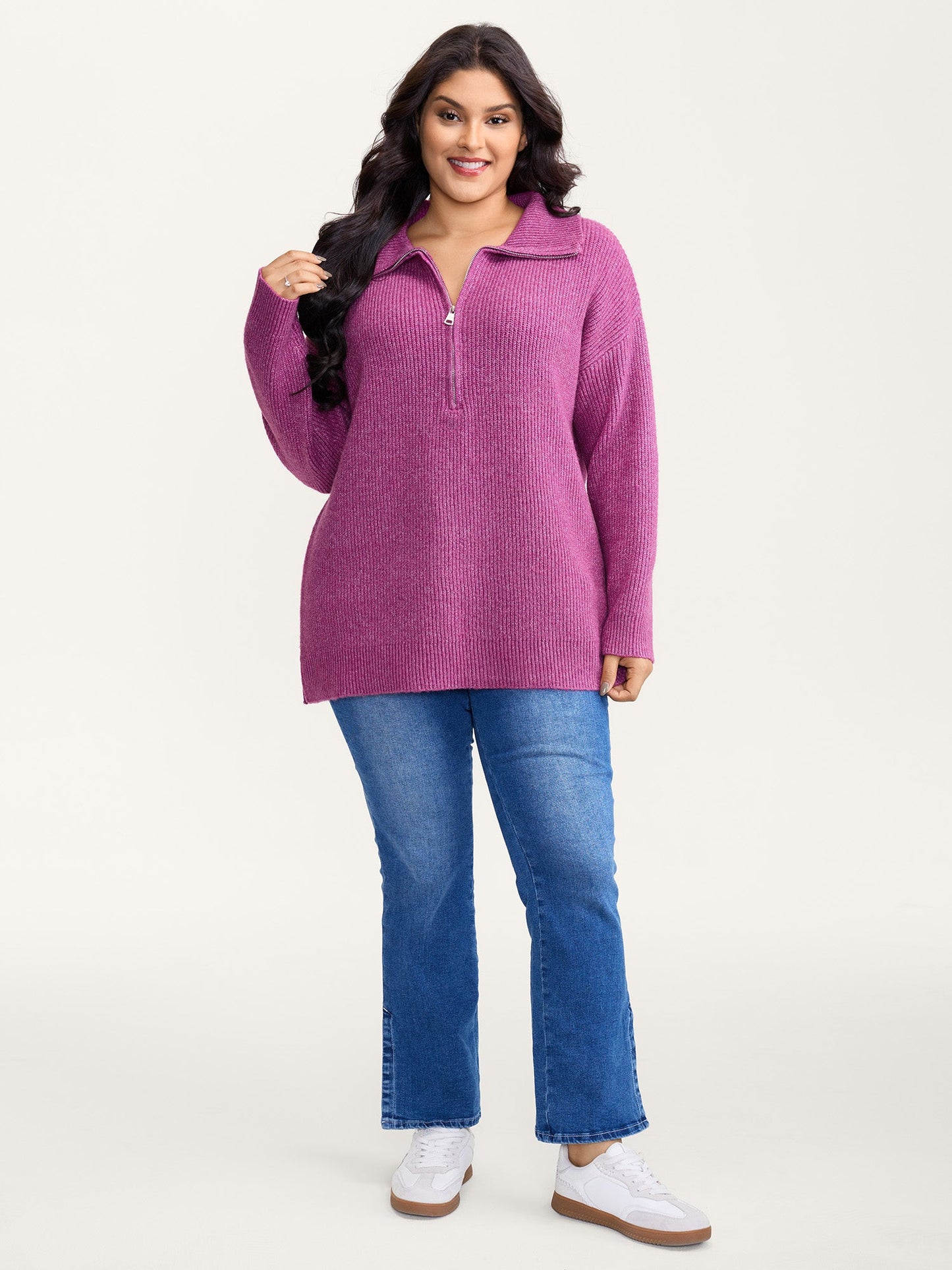 Textured Half Zipper Lapel Collar Pullover