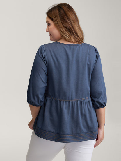 Relaxed-Fit Denim-Style Neck Tie Blouse