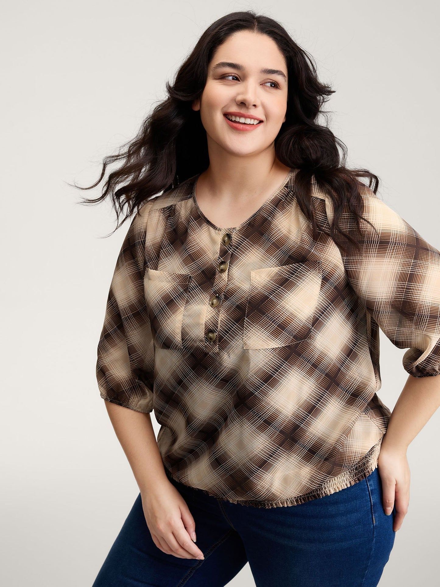 Plaid Half-Button Placket Semi-Sheer Blouse