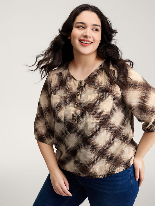 Plaid Half-Button Placket Semi-Sheer Blouse