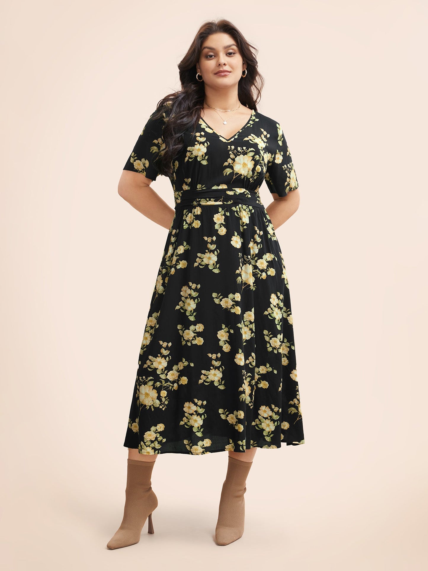 Floral Gathered Shirred Flutter Sleeve Dress