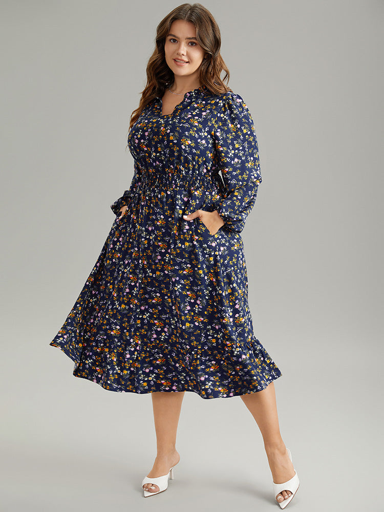 Ditsy Floral Notched Shirred Pocket Elastic Waist Dress
