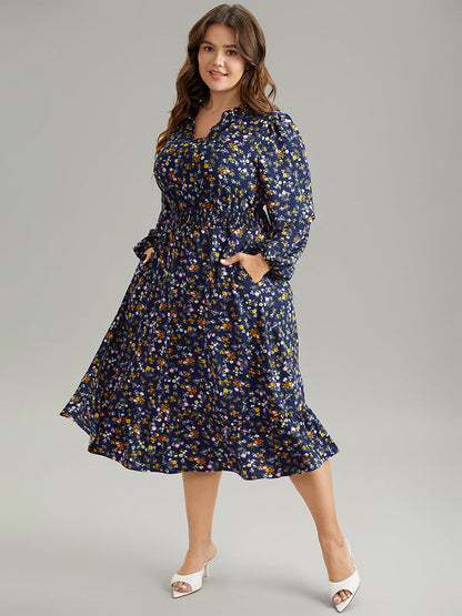 Ditsy Floral Notched Shirred Pocket Elastic Waist Dress