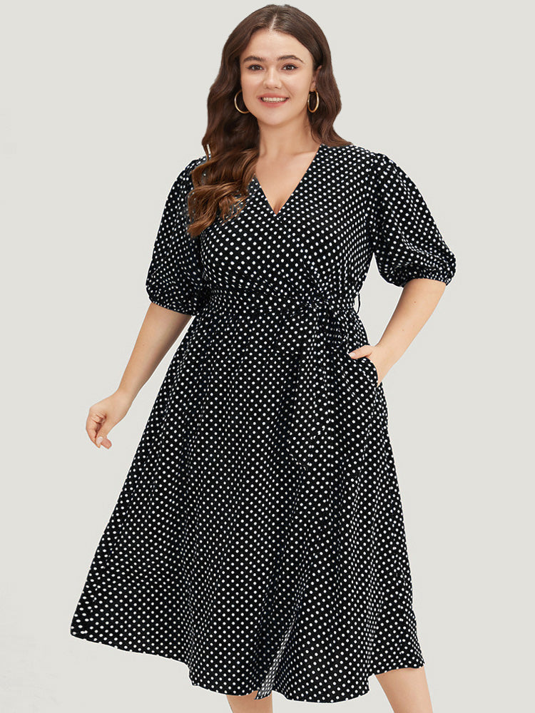 Polka Dot Belted Lantern Sleeve Surplice Neck Dress