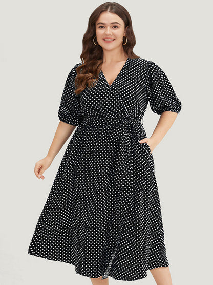 Polka Dot Belted Lantern Sleeve Surplice Neck Dress
