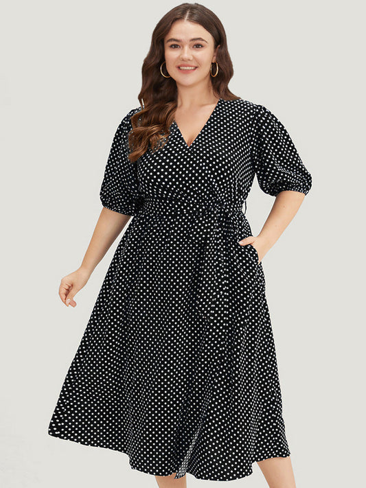 Polka Dot Belted Lantern Sleeve Surplice Neck Dress