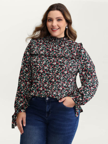 Floral Print Shirred Sleeve Tie Blouse