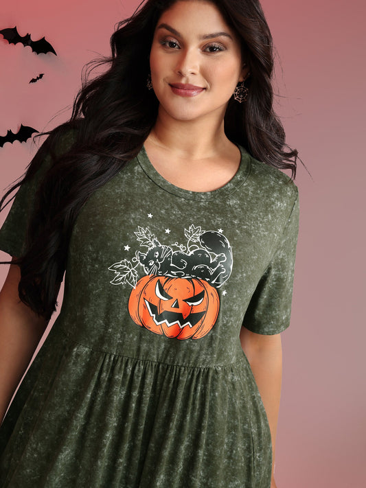 Spooky Pumpkin Motif Snowflake Effect Midi Dress