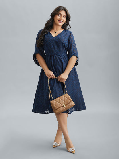 Chiffon Textured Sheer Sleeve Midi Dress