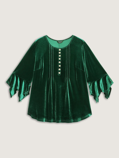 Velvet Pleated Button Neckline Blouse