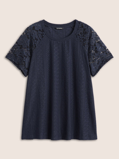 Solid Broderie Anglaise Lace Raglan Sleeve T-shirt