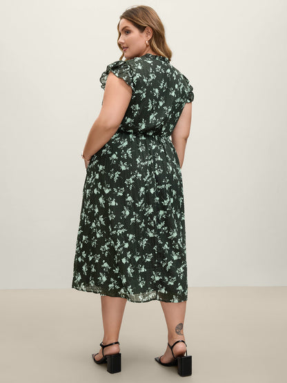 Textured Silhouette Flower Stretchy Collar Midi Dress