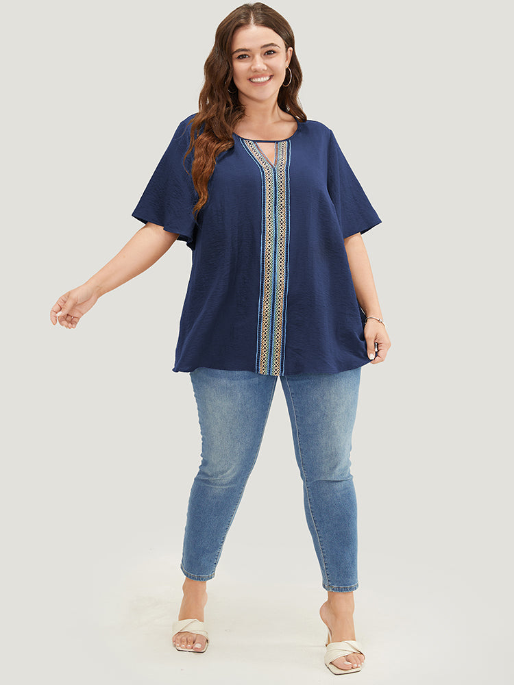 Plain Contrast Tape Keyhole Neck Ruffle Sleeve Blouse