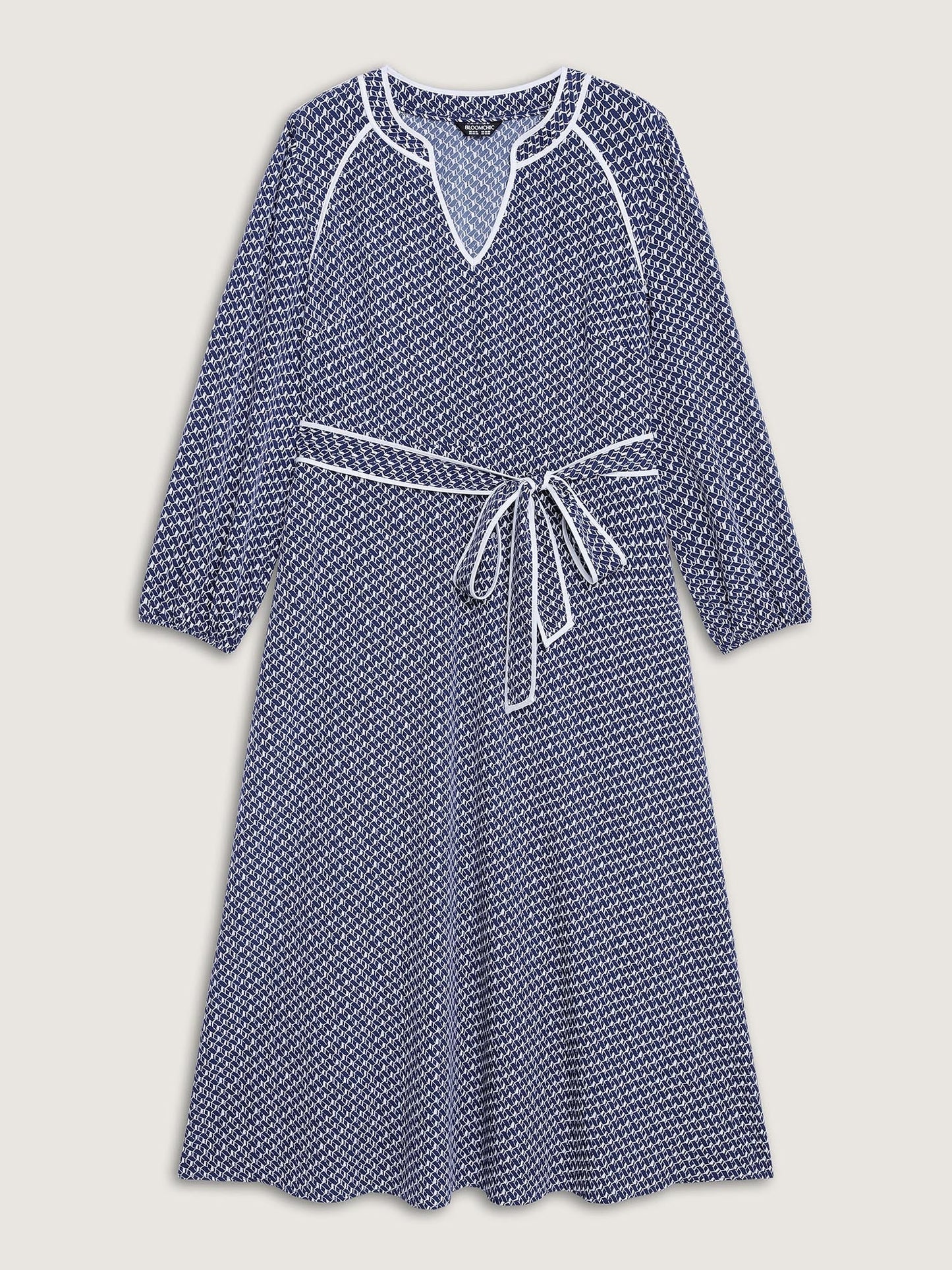 Micro Geometric Print Waist-Tie Maxi Dress