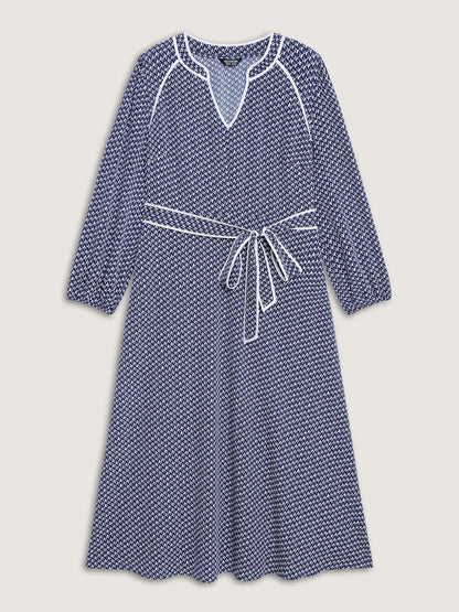 Micro Geometric Print Waist-Tie Maxi Dress