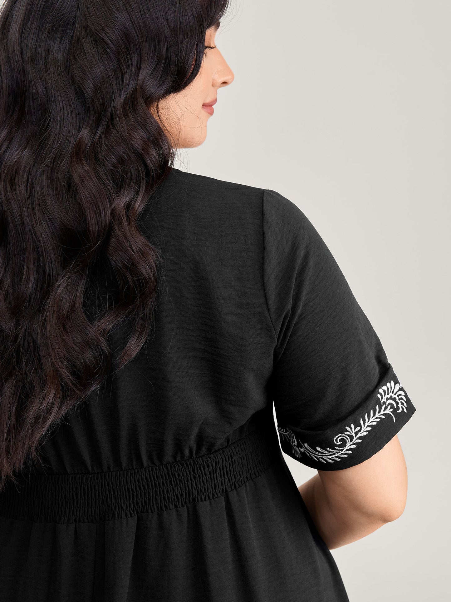 Embroidered Shirred Waist-Defining Maxi Dress