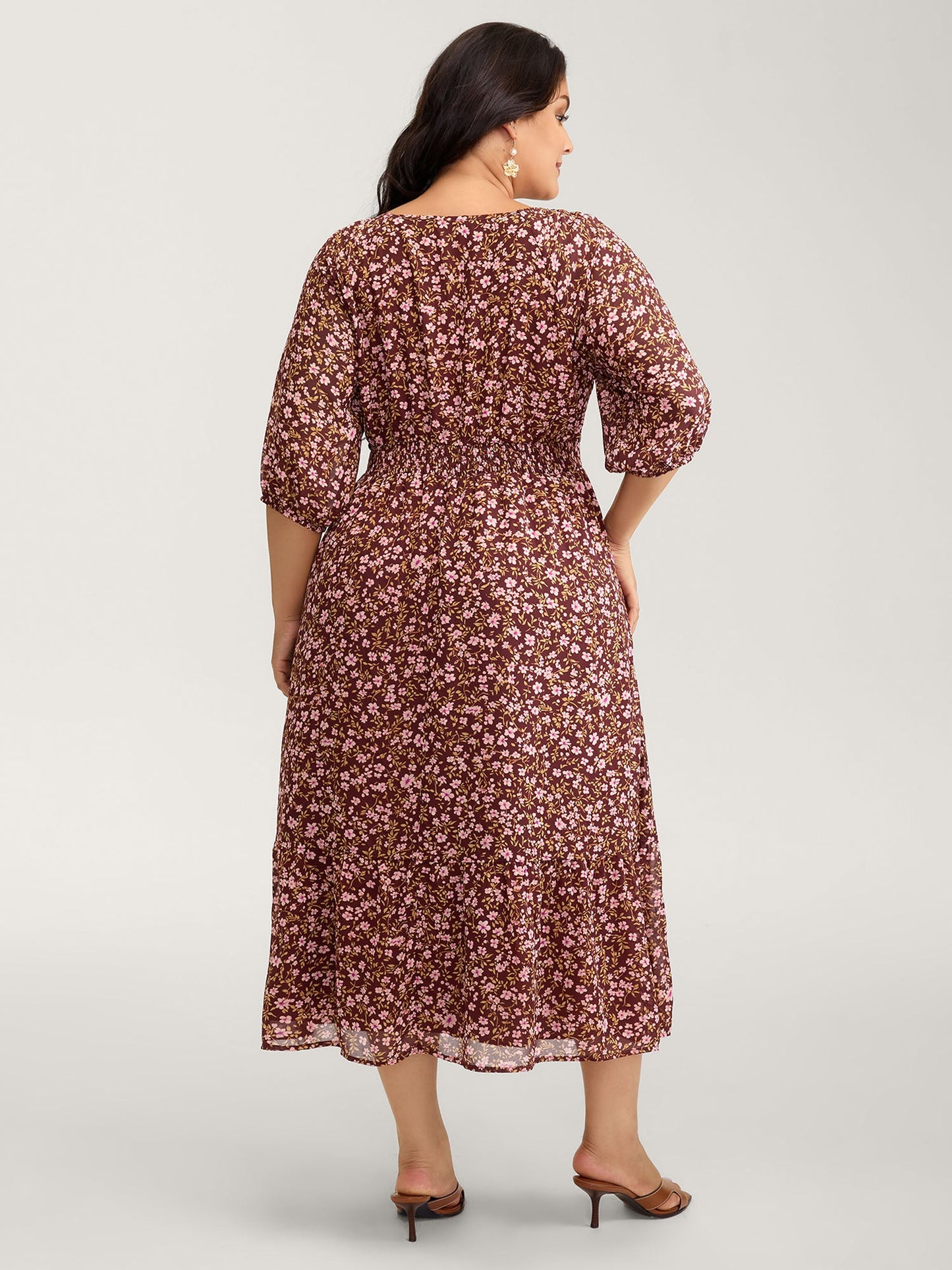 Floral Print Shirred Waist Ruffled Maxi Dress