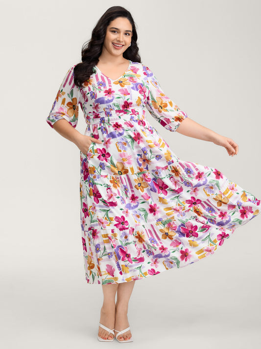 Bright Floral Print Pleated Waist Maxi Dress