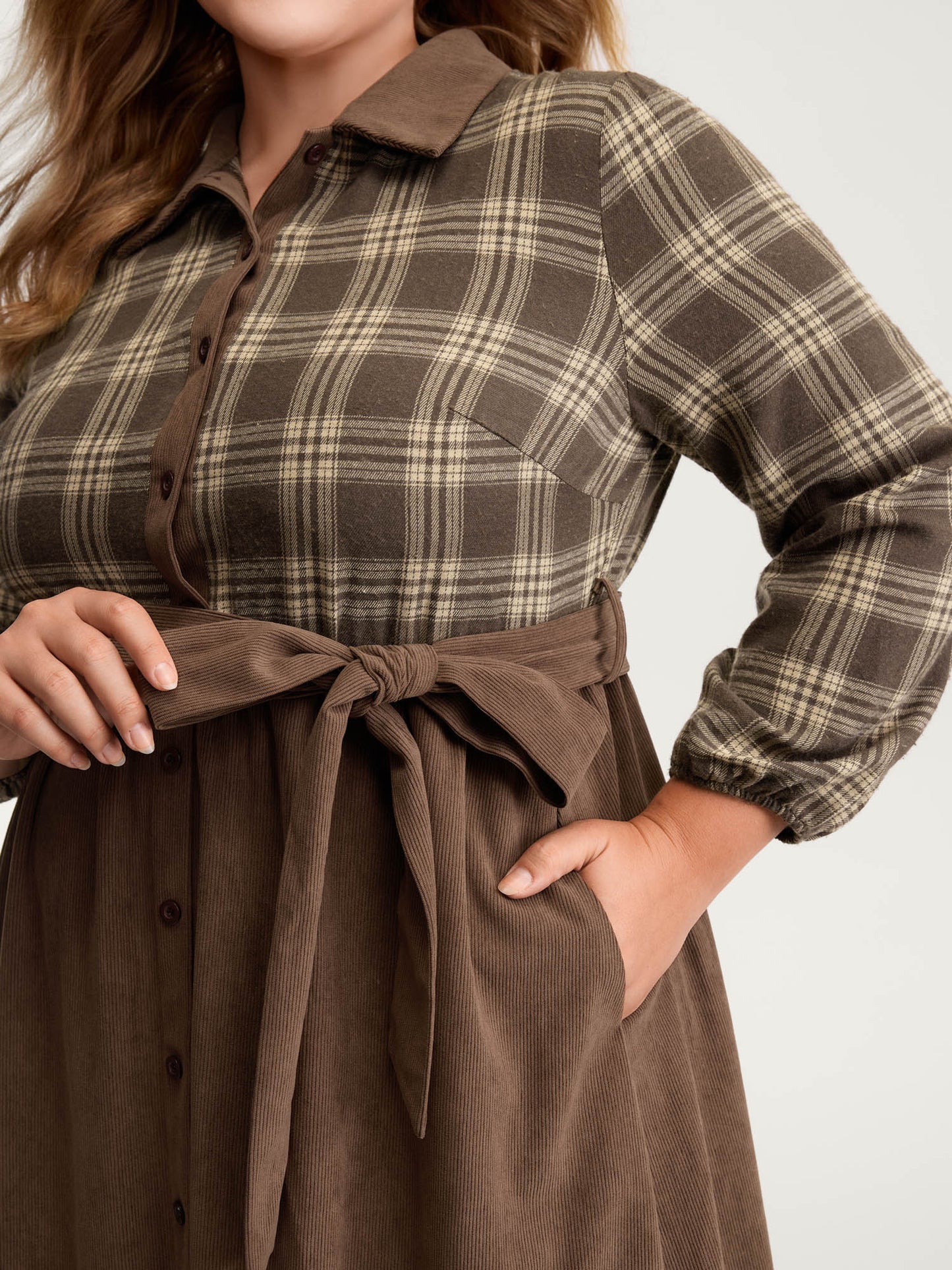 Plaid Pattern Contrast Waist-Tie Midi Dress