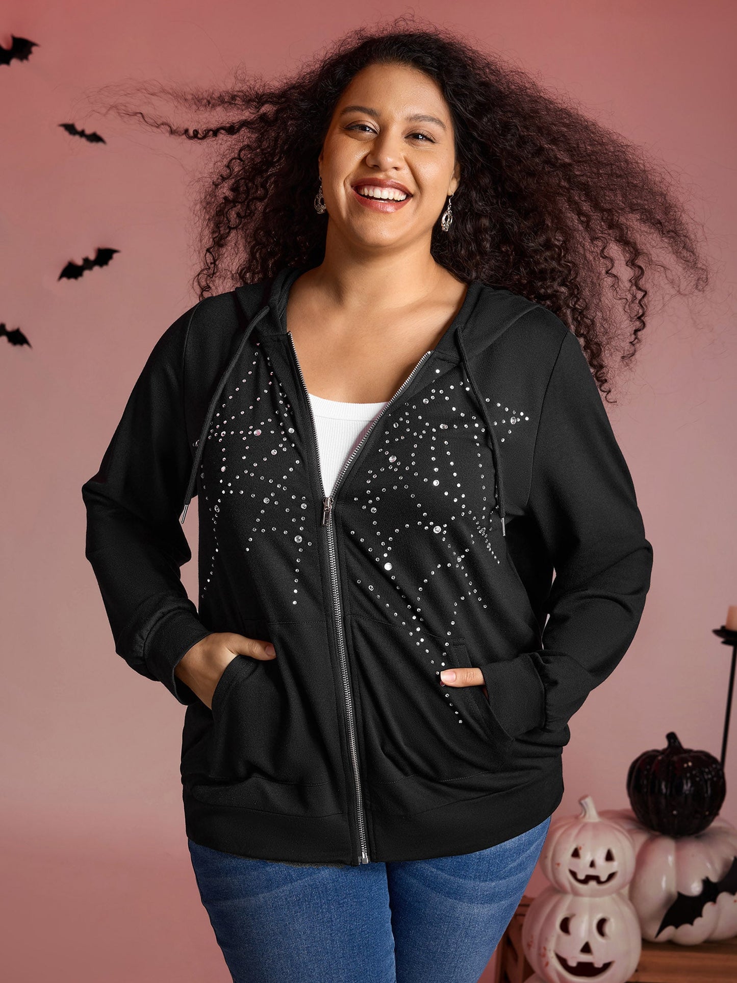 Shimmery Rhinestone Sequin Spiderweb Zipper Hoodie