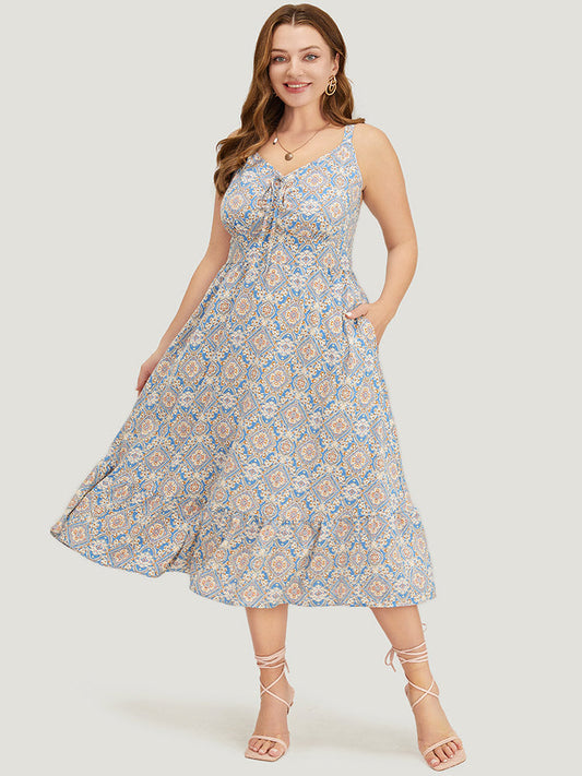 Bandana Knotted Pocket Ruffle Hem Empire Waist Cami Dress