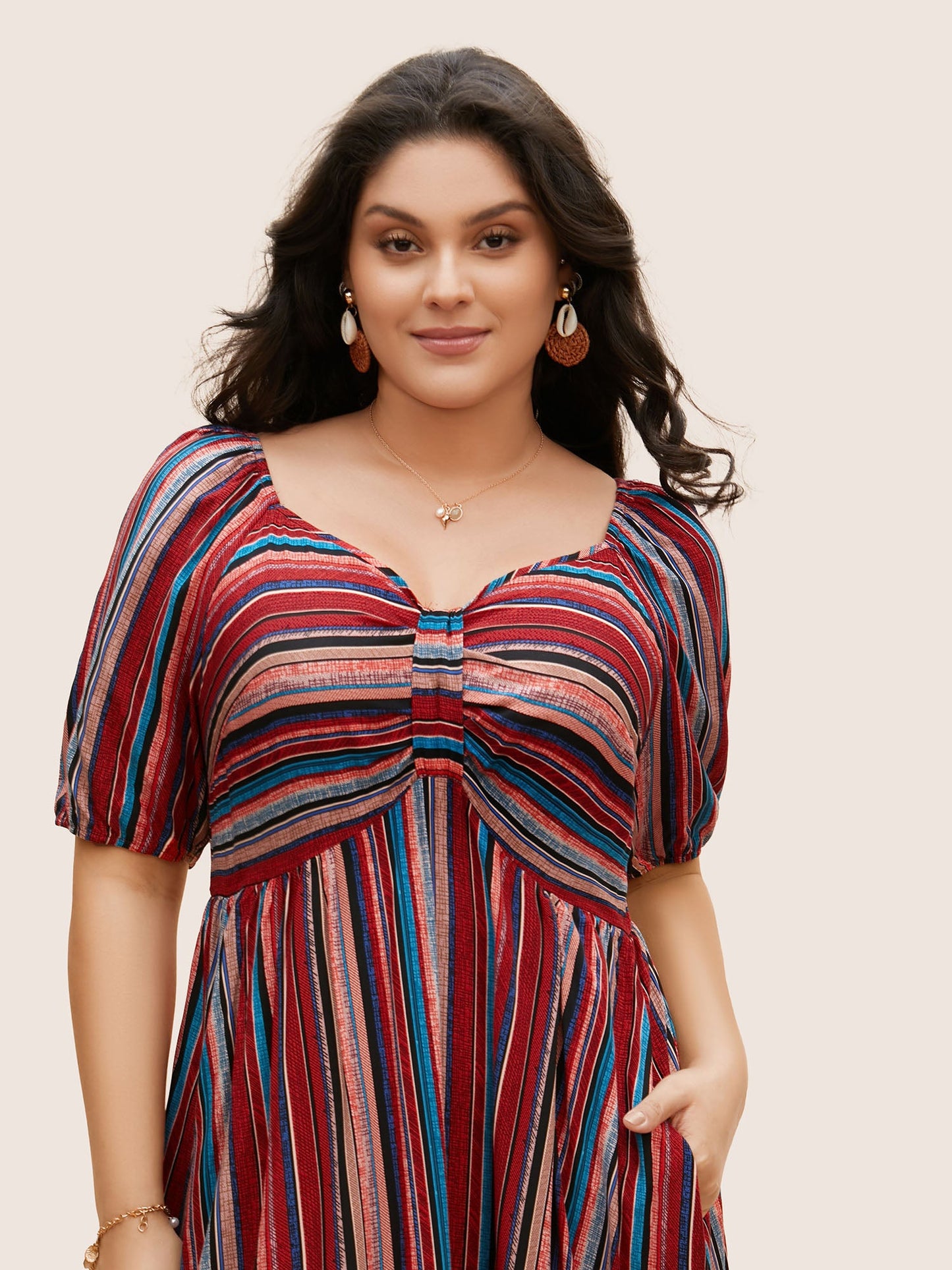 Heart Neckline Striped Lantern Sleeve Dress