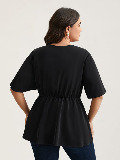 V-Neck Stretchy-Waist Button Flared Blouse
