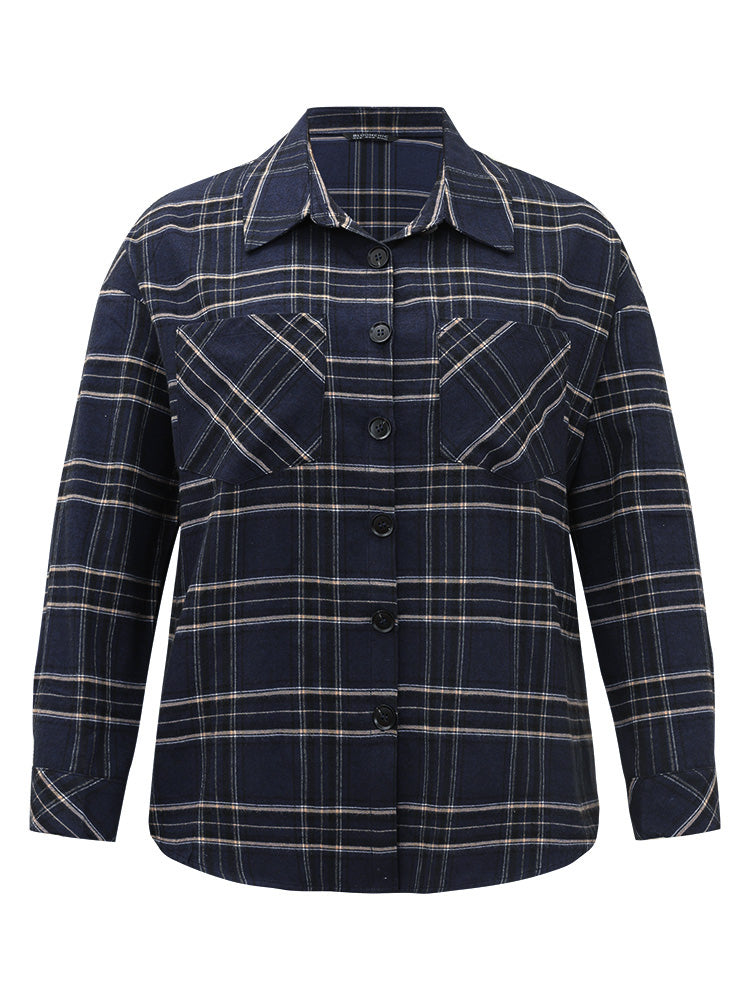 Plaid Shirt Collar Button Through Pocket Blouse