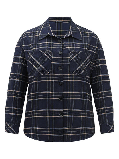 Plaid Shirt Collar Button Through Pocket Blouse