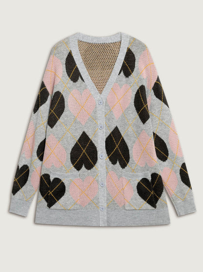 Cozy Hearts Jacquard Pattern Pockets Knit Cardigan