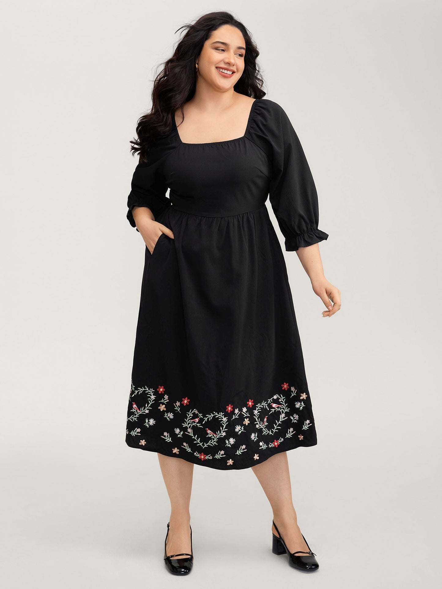 Floral Embroidery Puff Sleeve Midi Dress
