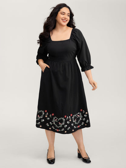 Floral Embroidery Puff Sleeve Midi Dress