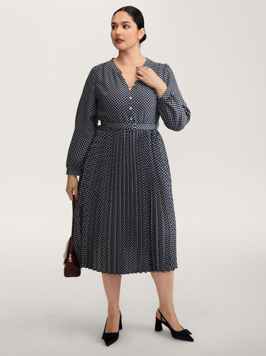 Geometric Print Pleated Notched Collar Midi Dress
