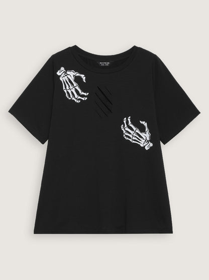 Skeleton Hands Print Cut-Out Solid T-Shirt