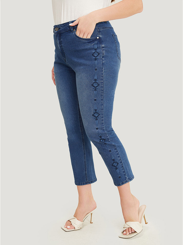 Very Stretchy Medium Wash Geometric Embroidered Jeans