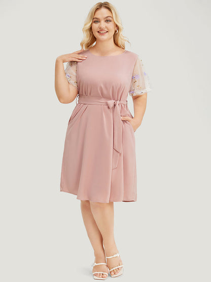 Floral Mesh Sleeve Flutter Pocket Belt Knee Dress