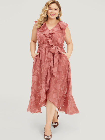 Floral Print Ruffle Trim Wrap Belted  Asymmetrical Tank Dress