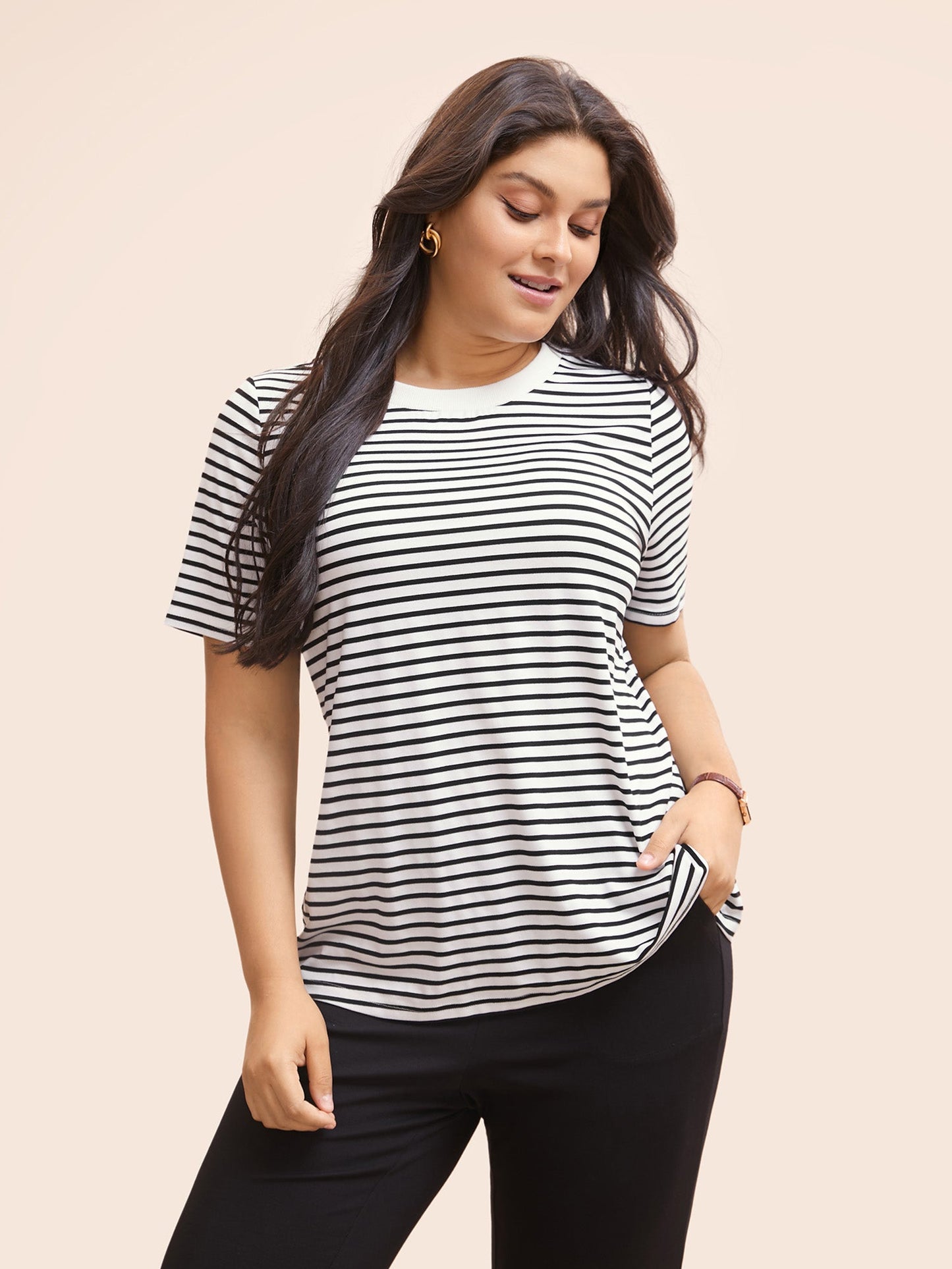 Striped Crew Neck Rib Knit T-shirt